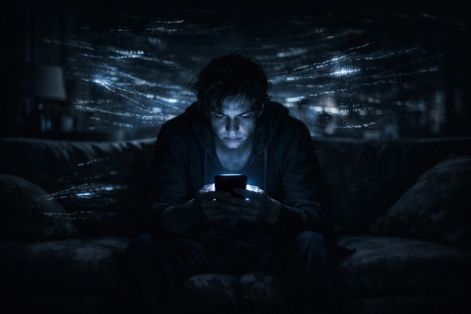 A weary person experiencing political stress while doomscrolling on a phone in a dark room.