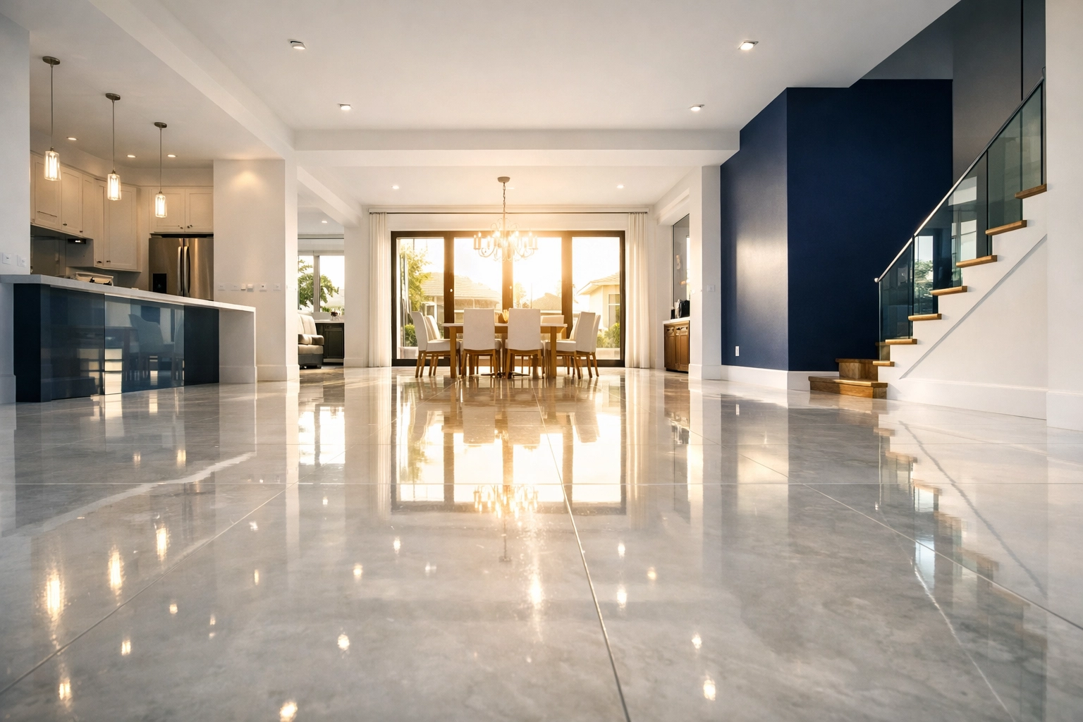 Sun-drenched luxury living room after a professional post-construction cleaning Westborough session.