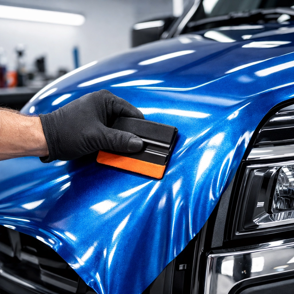 Professional installation of a high-quality vinyl car wrap on a truck fender in Dallas.