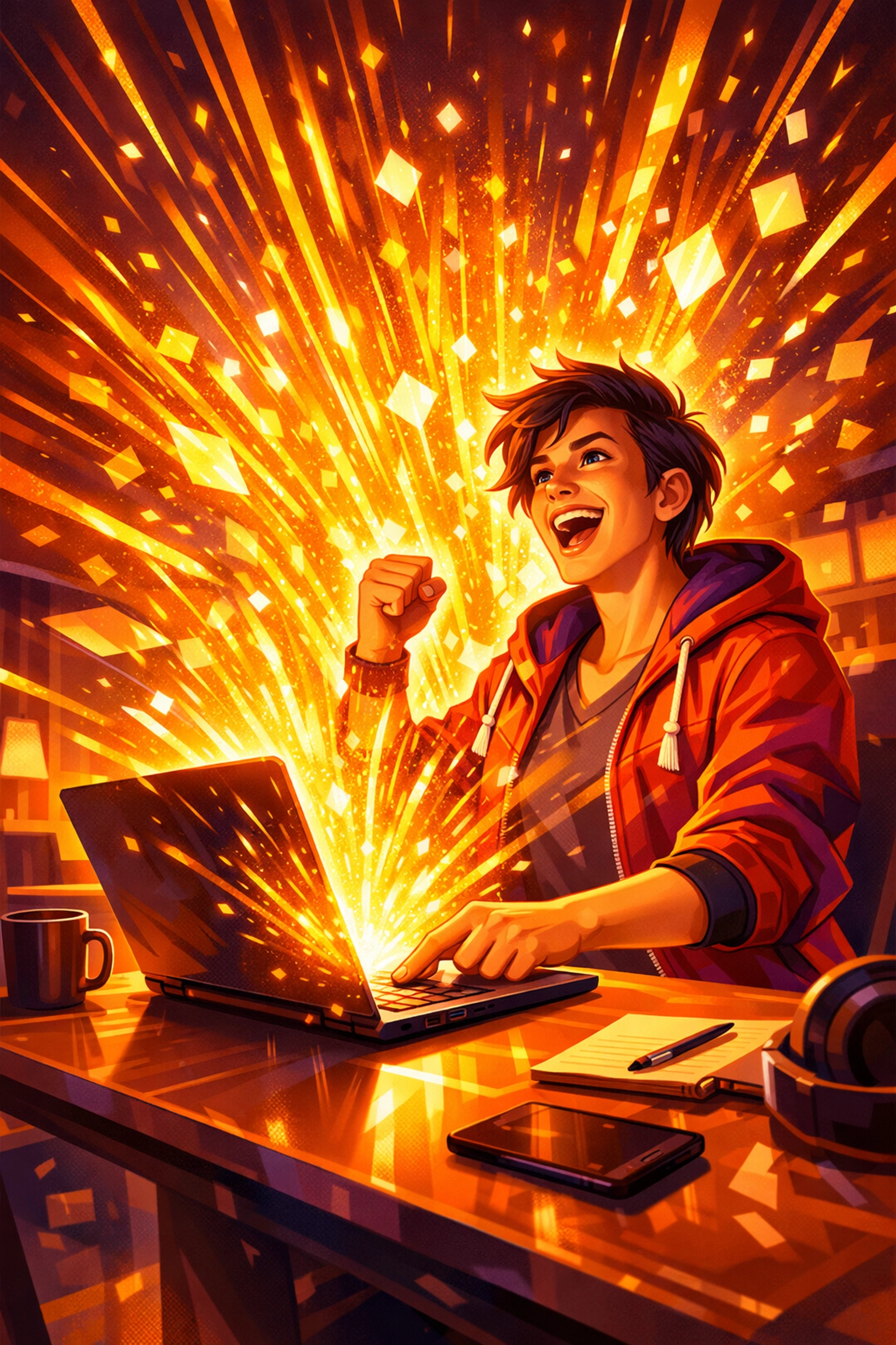 A person at their workspace celebrating a small win, showing the dopamine reward of microlearning.