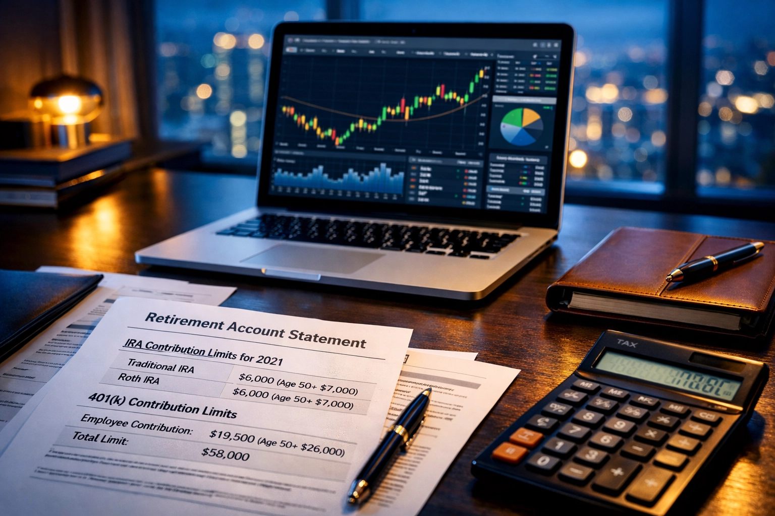 Retirement account documents and financial charts on desk showing 401k contribution limits