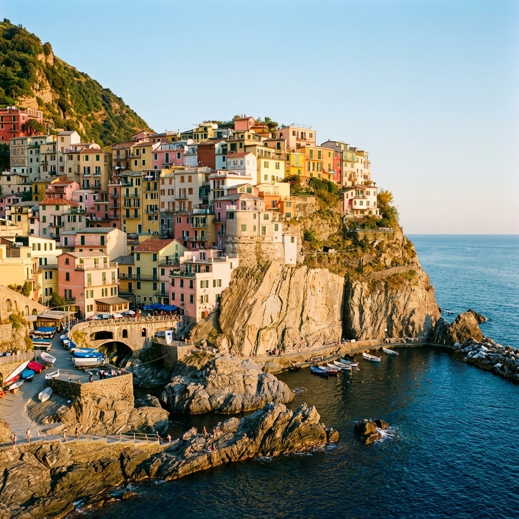 Golden hour view of Manarola village in Cinque Terre, a romantic Italian Riviera escape for couples