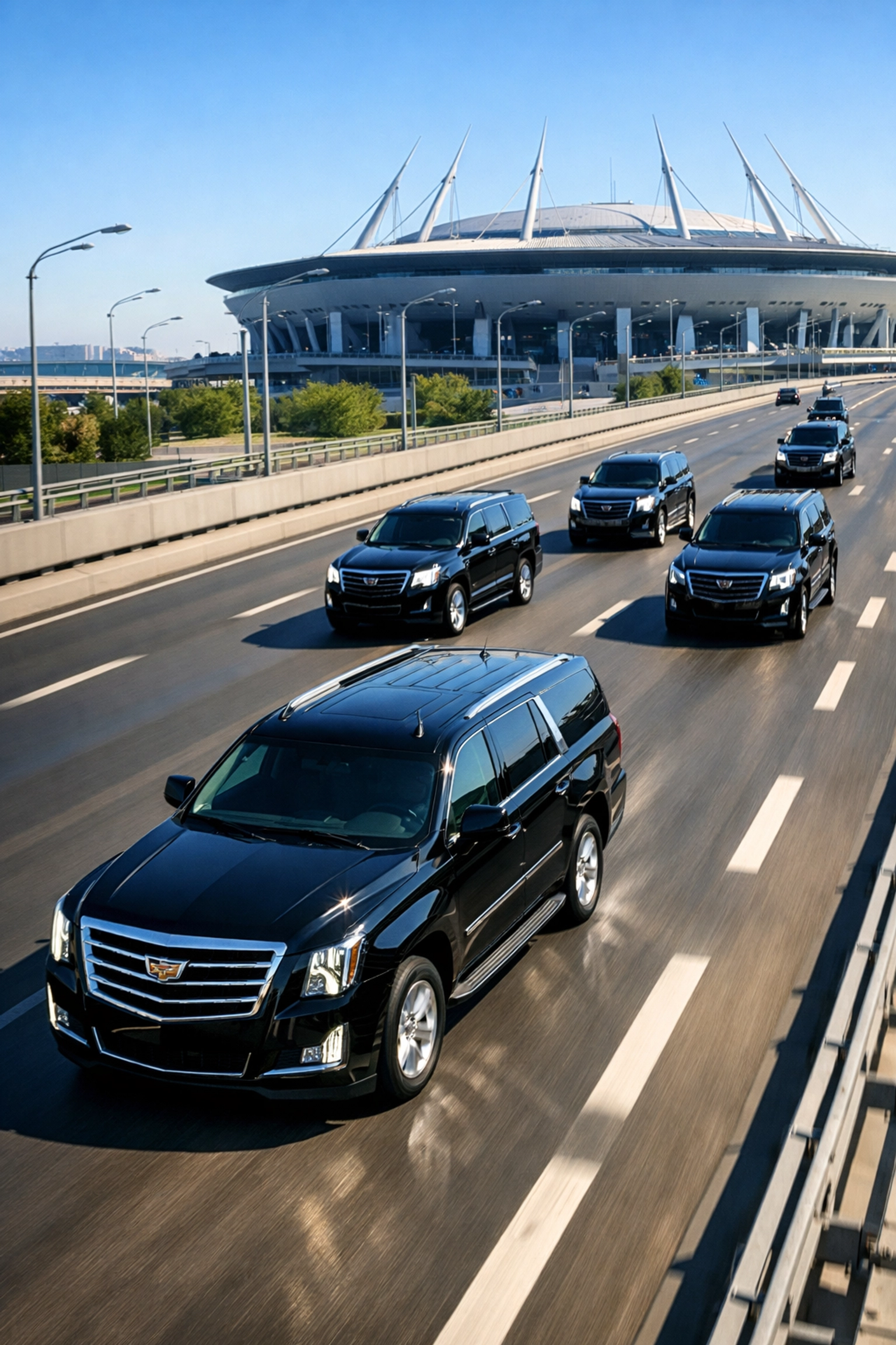 Press Release Premium SUV convoy en route to stadium demonstrating coordinated ground transportation logistics
