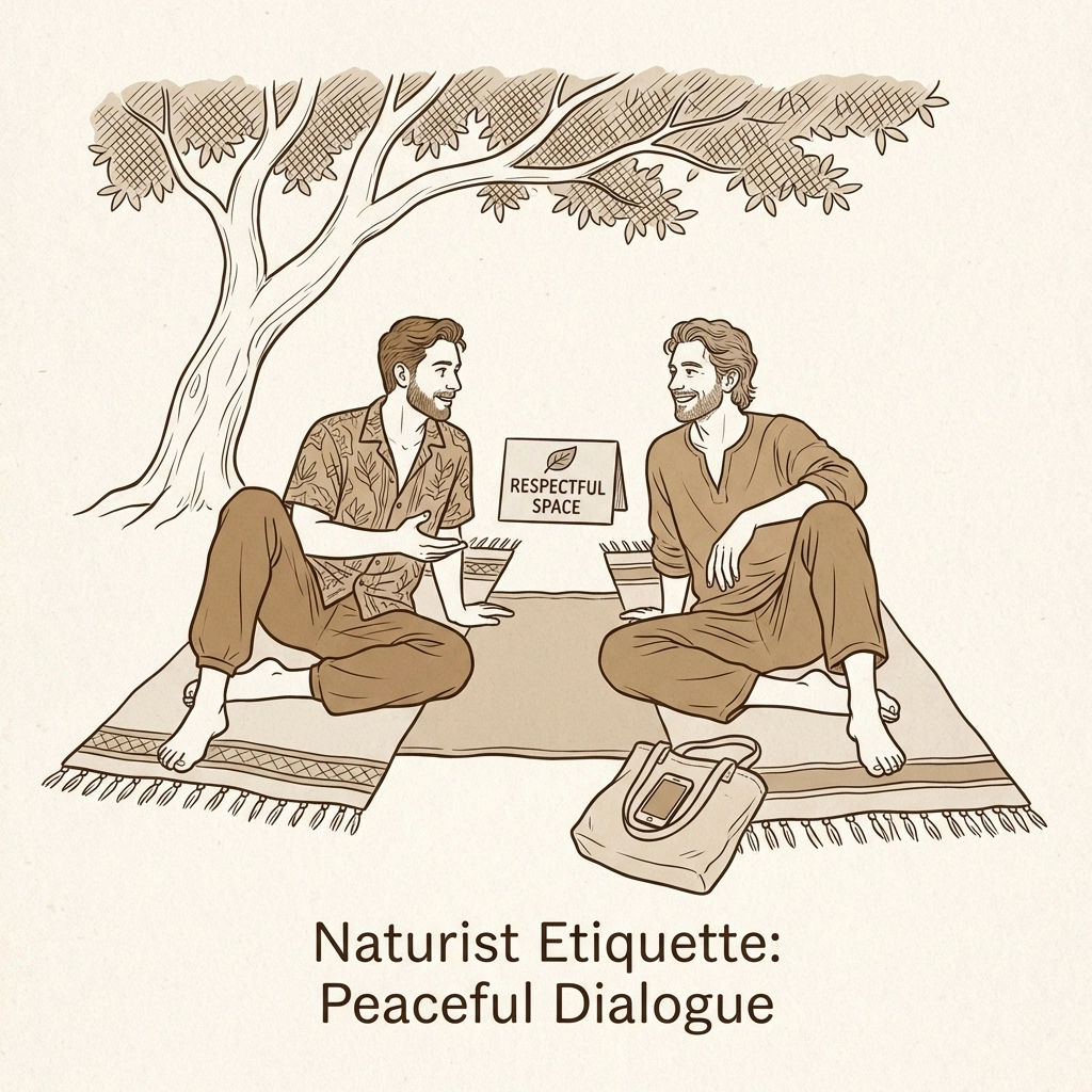 Two men sitting on towels outdoors, demonstrating naturist etiquette and respectful social interaction in nudist settings.