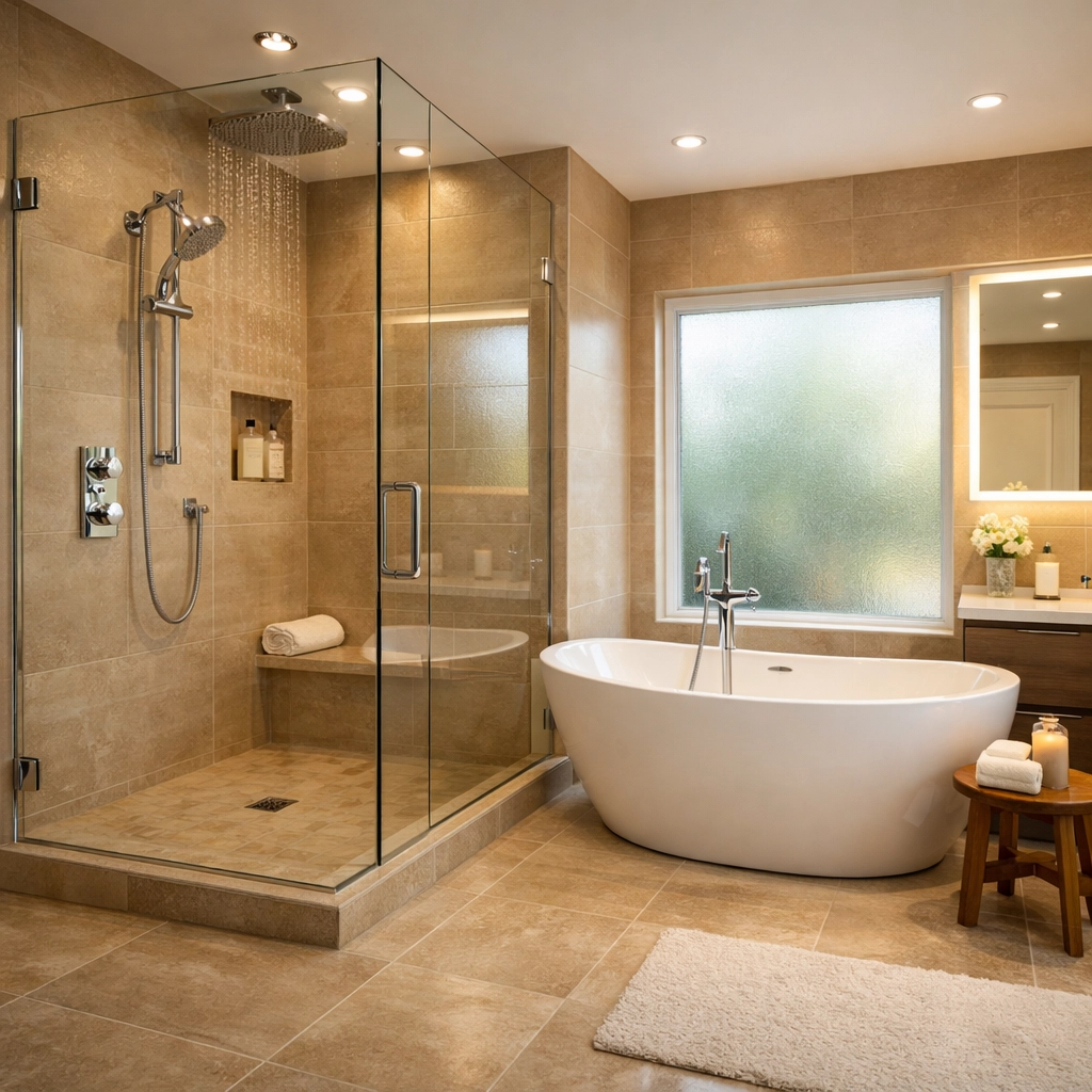Luxury spa bathroom renovation Orlando featuring rainfall shower and freestanding soaking tub