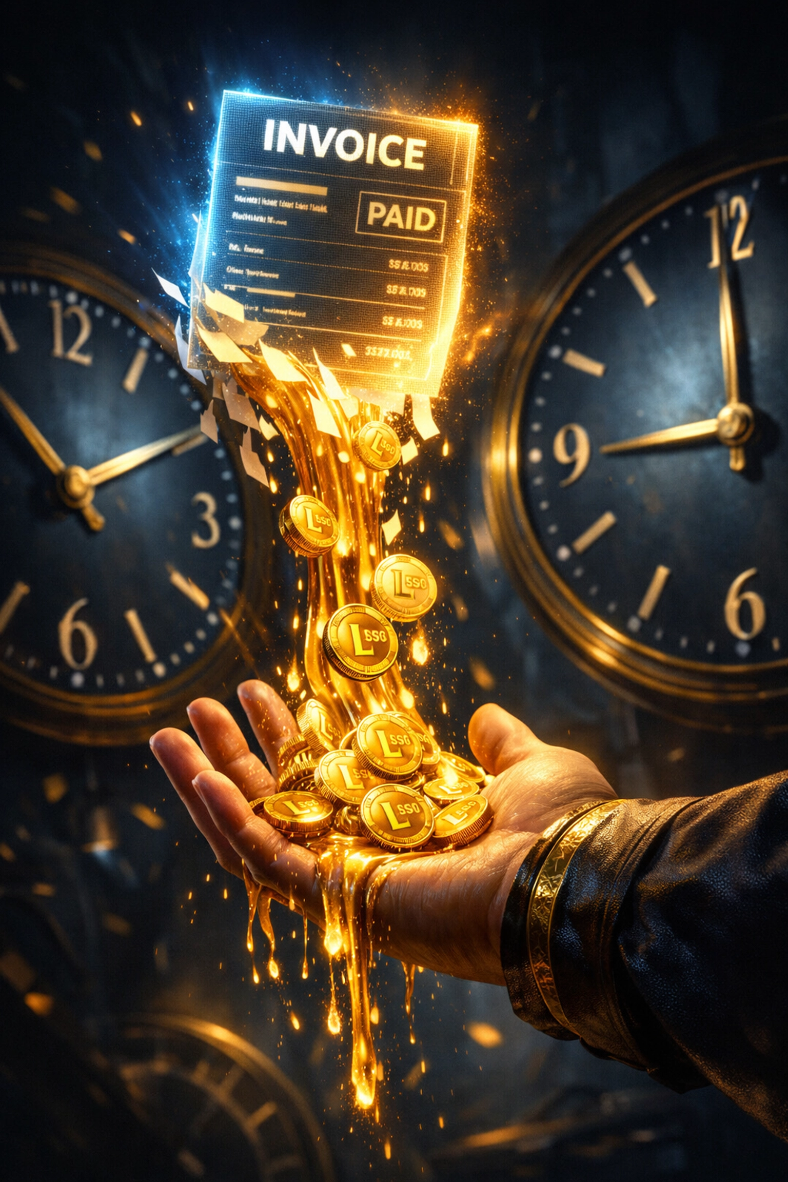 LUSD stablecoins flowing from digital invoice representing instant payment liquidity for merchants