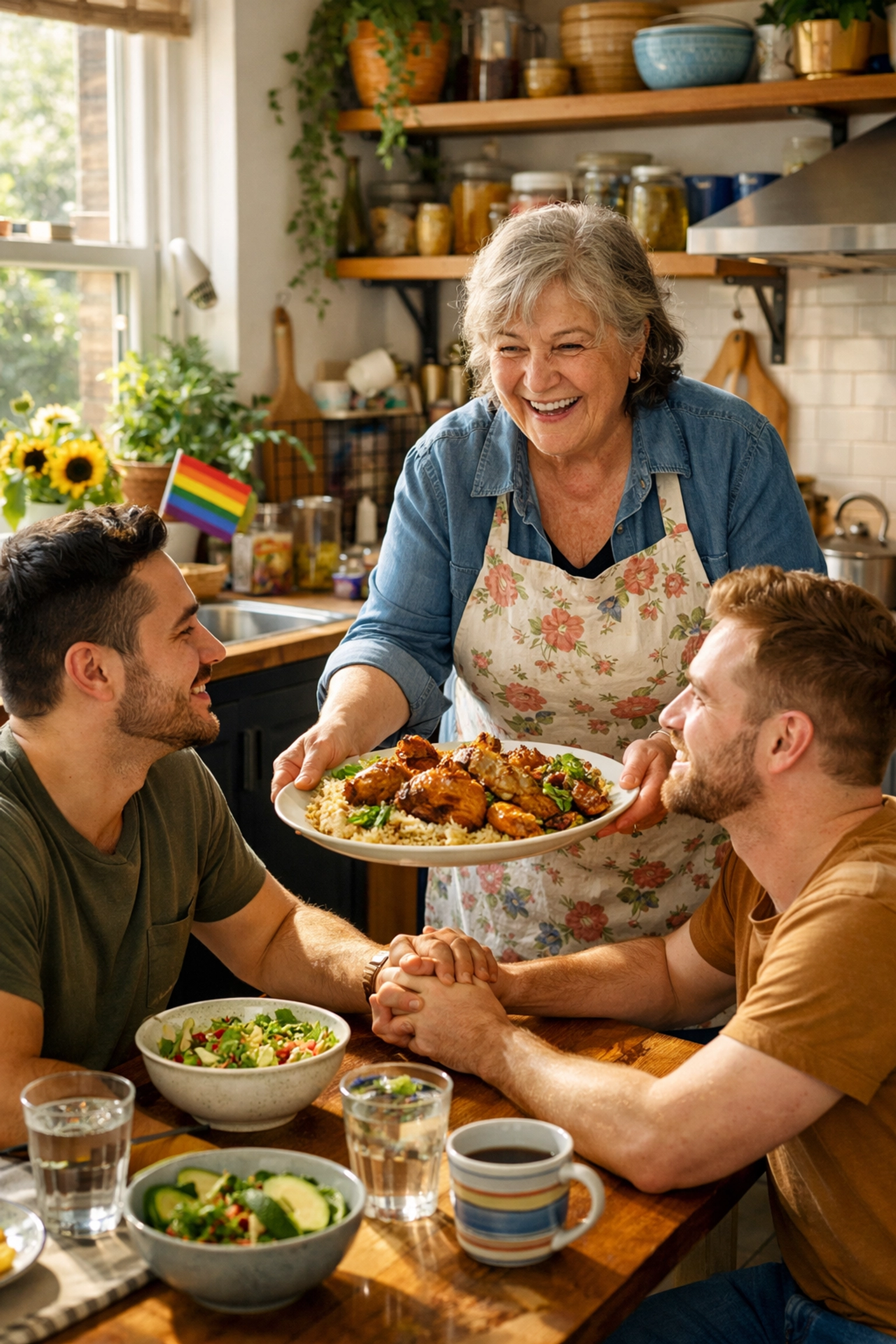 A supportive mother figure serves a meal to a young gay couple in a cozy, inclusive kitchen.