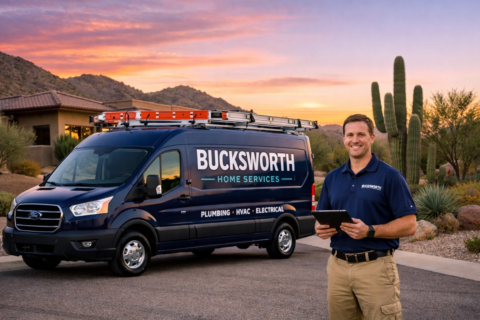 Bucksworth Home Services truck and professional plumber in Ahwatukee Foothills Phoenix.