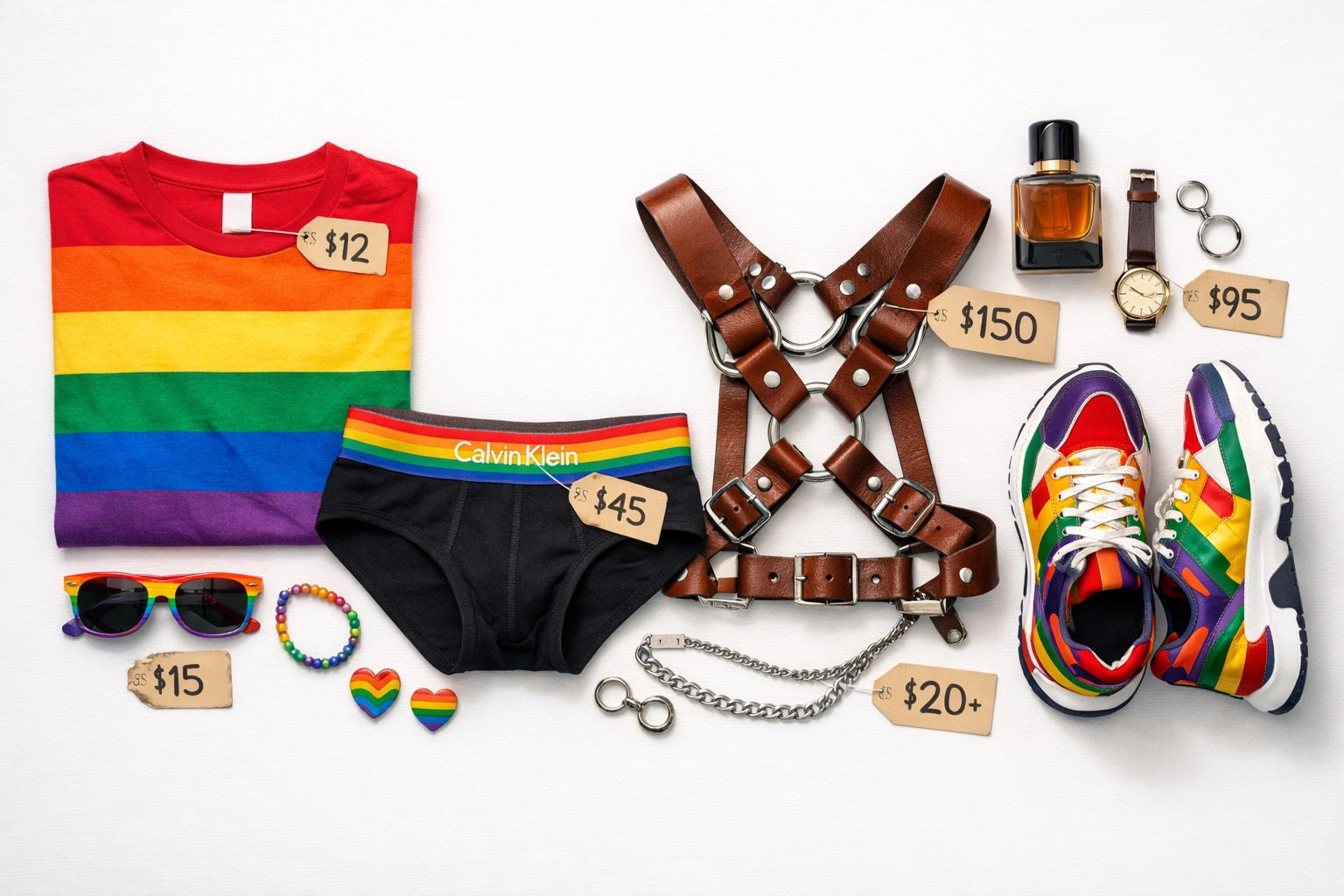 Gay fashion items with price tags ranging from affordable pride shirts to luxury accessories