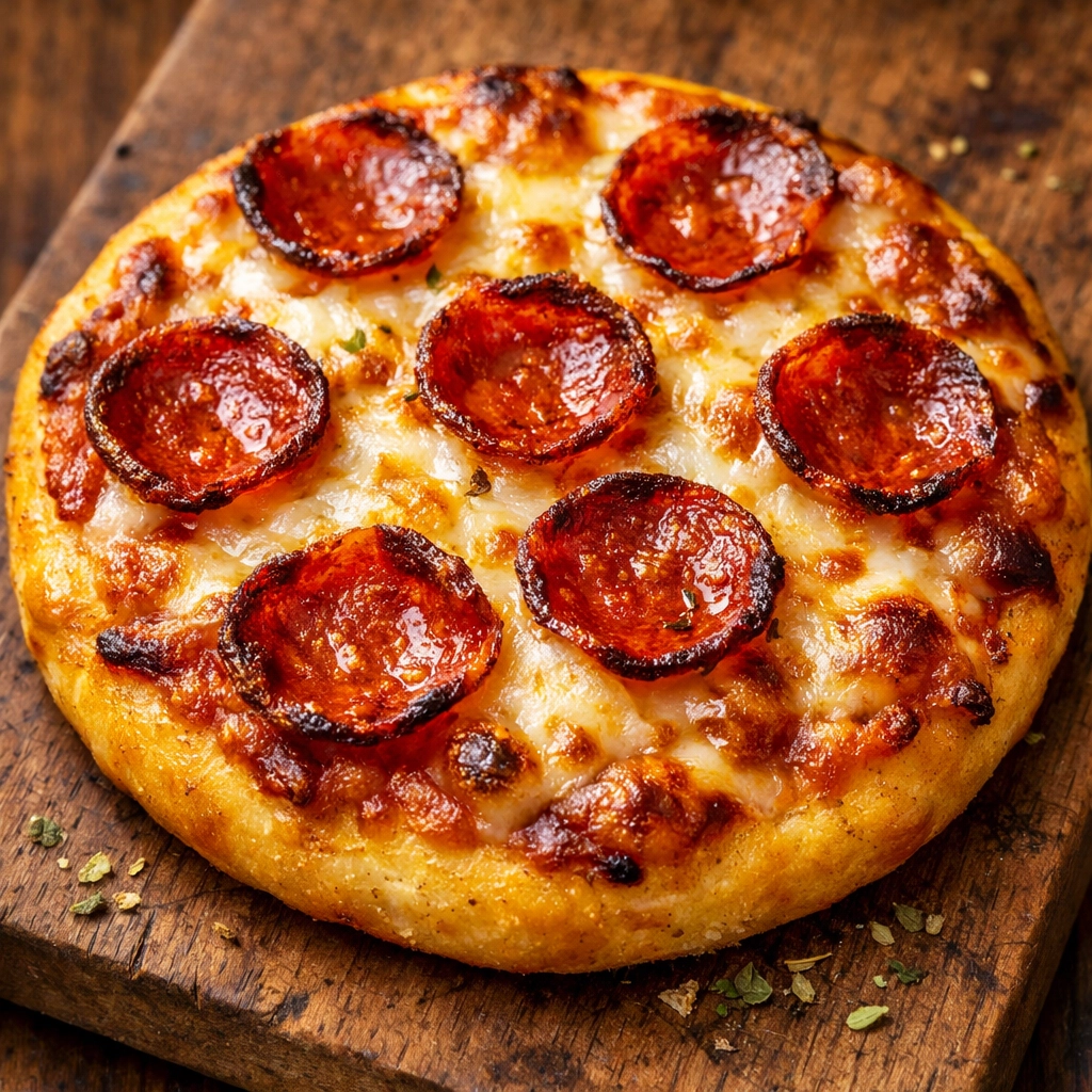 10 Air Fryer Dinners Everyone Is Making Right Now Crispy air fryer pepperoni pizza with melted mozzarella on a wooden cutting board.