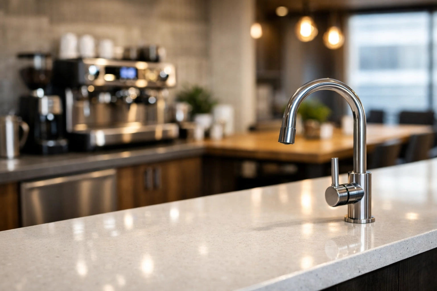 Hygienic office breakroom featuring streak-free quartz countertops and a modern kitchen area.