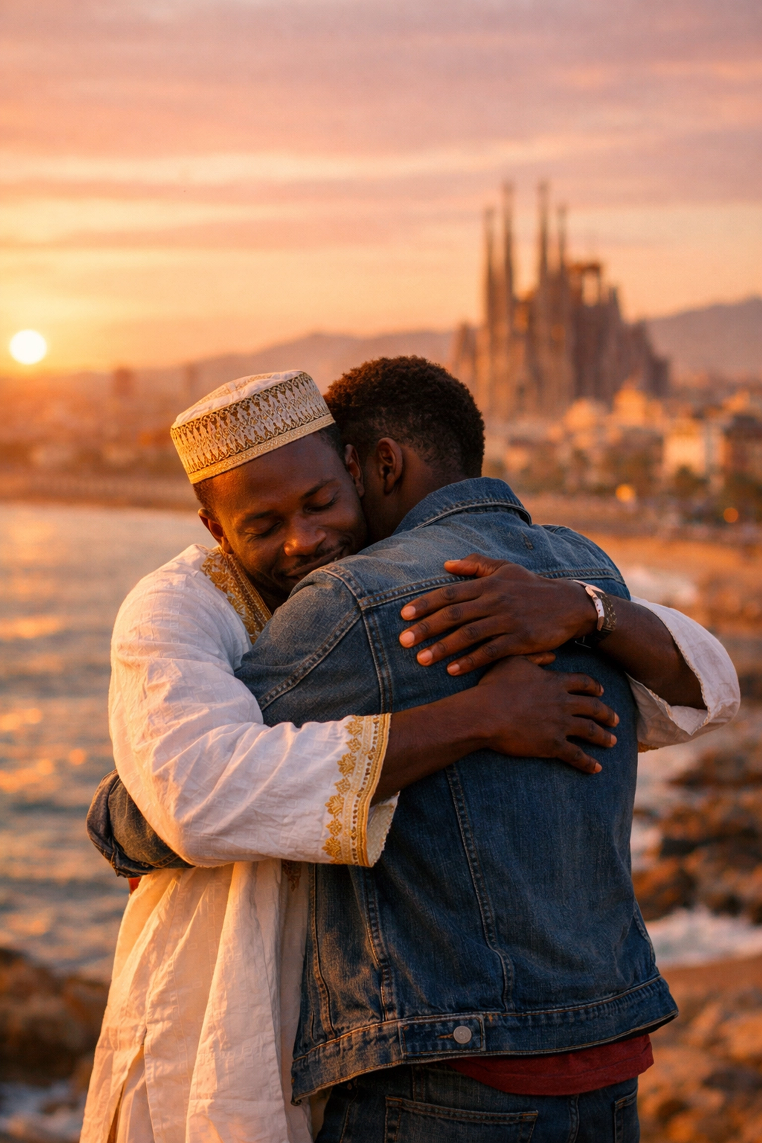 Gay couple embracing at Barcelona coastline after fleeing LGBTQ+ persecution in Gambia
