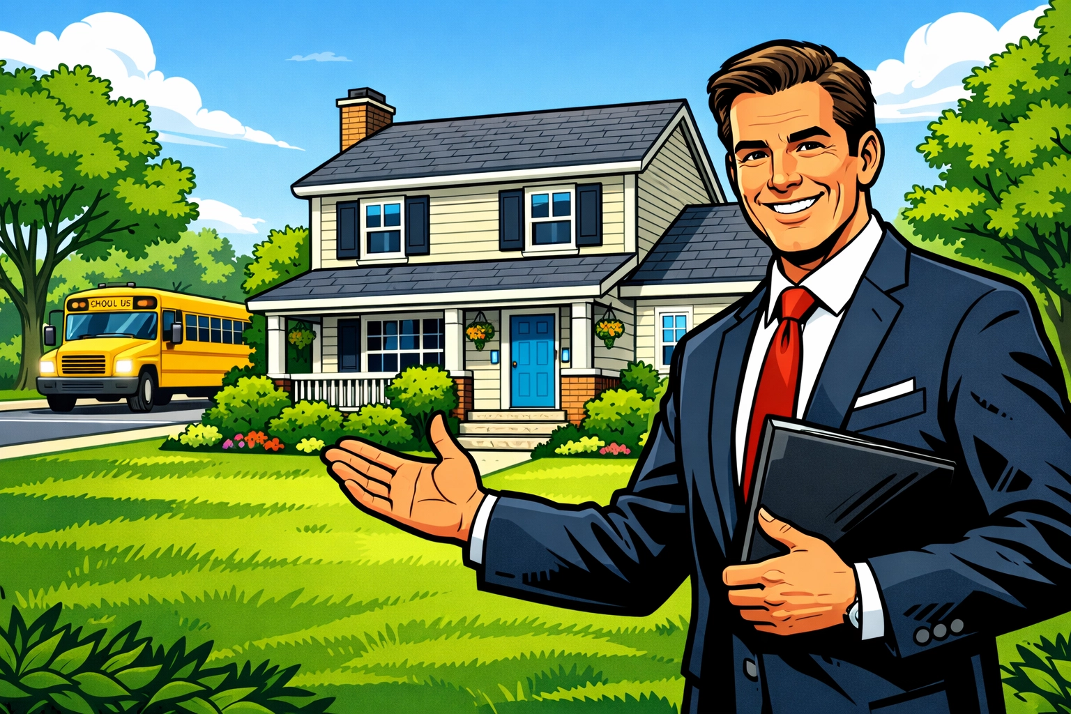 Real estate agent showing a suburban Hartford County home for sale near a local school.