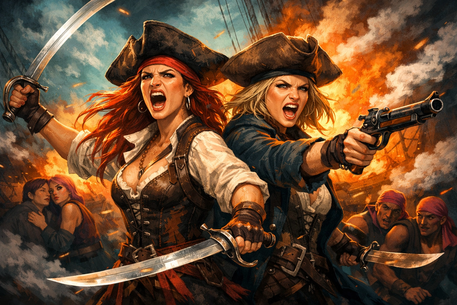 Fierce female pirates Anne Bonny and Mary Read fighting with cutlasses during a sea battle.