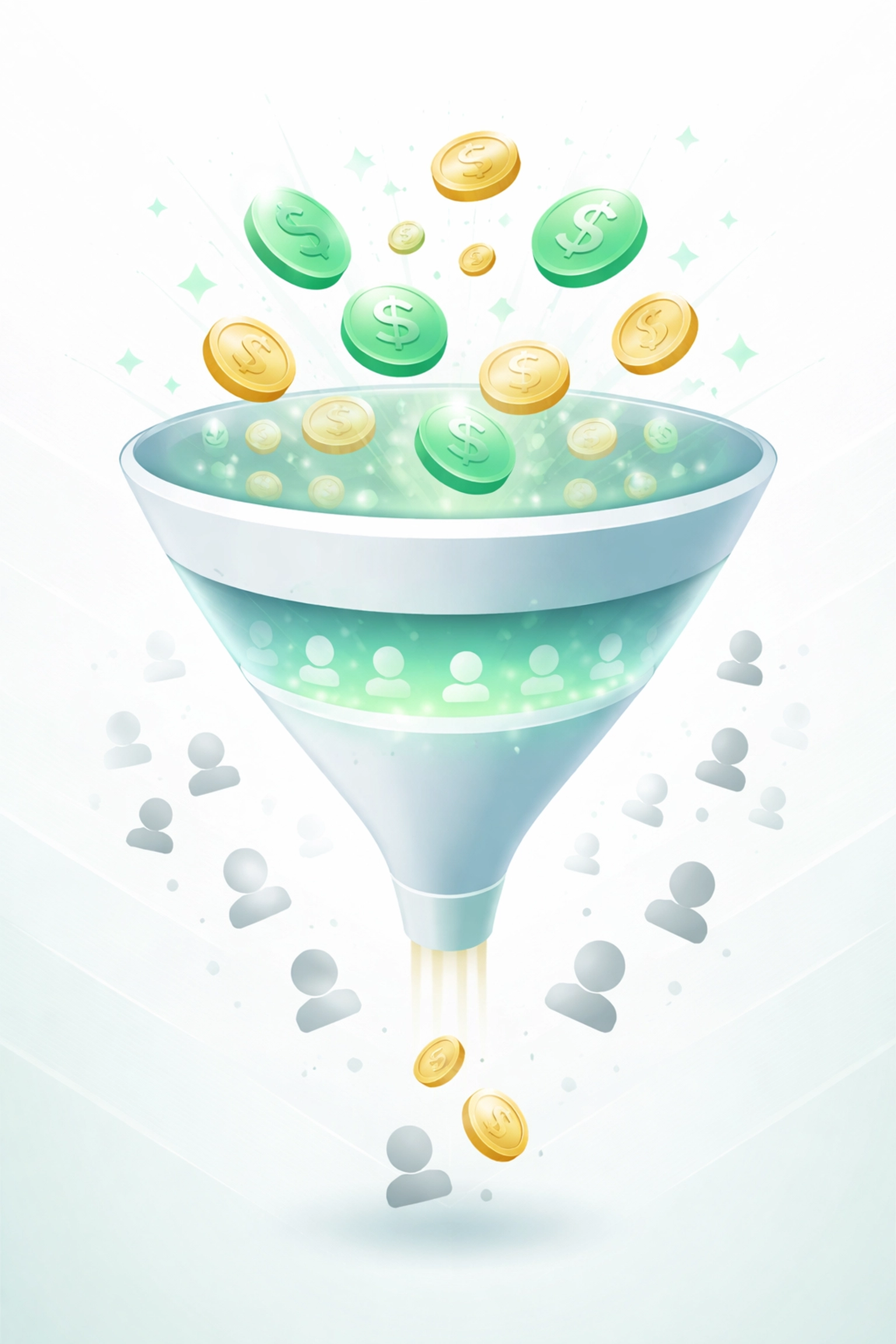 Minimalist funnel graphic showing how negative keywords filter PPC traffic to maximize ROI.