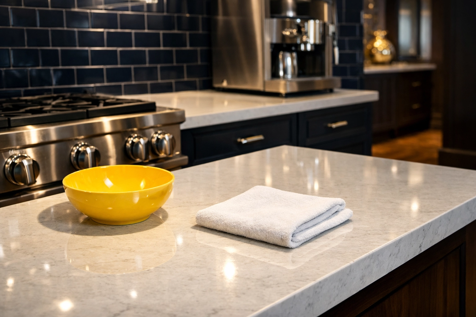 Sparkling kitchen island and polished appliances maintained by professional cleaners in Groton MA.