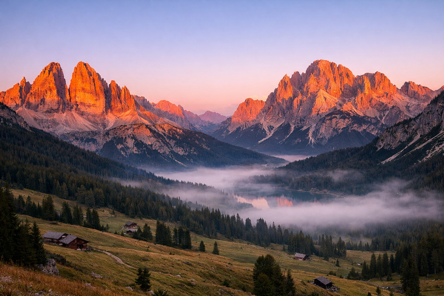 Alpenglow sunset over the Dolomites peaks in Italy, showing authentic landscape photography at world-class photo spots.