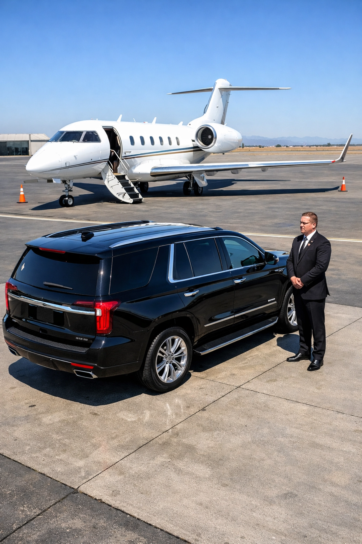 Luxury executive SUV and private jet on an airfield for high-stakes corporate travel management.
