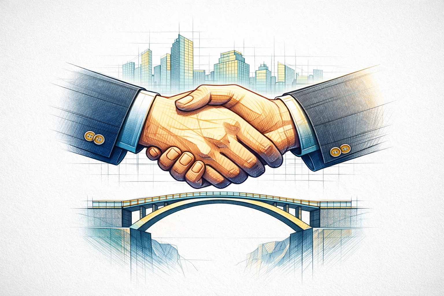 Architectural line art of a handshake and bridge symbolizing a stable partnership for construction cash flow.