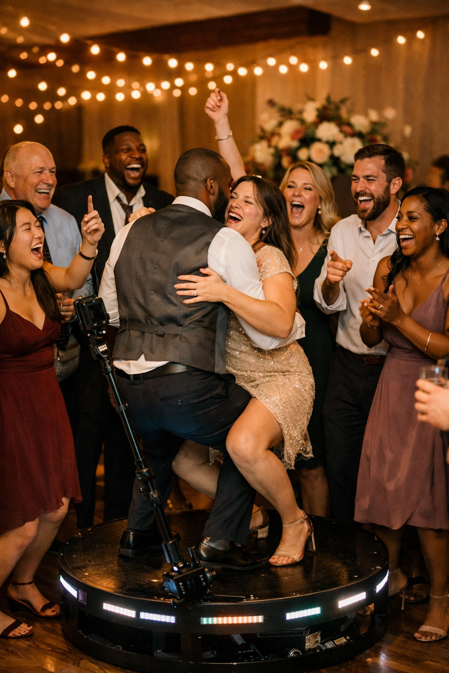 Wedding guests laughing and interacting around a 360 photo booth rental at an elegant Fort Wayne event.