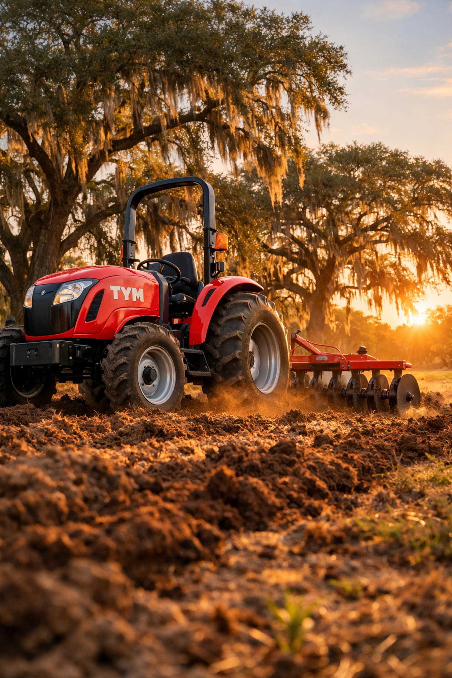 Red TYM compact tractor with disc harrow attachment working sandy Florida soil near Ocala.