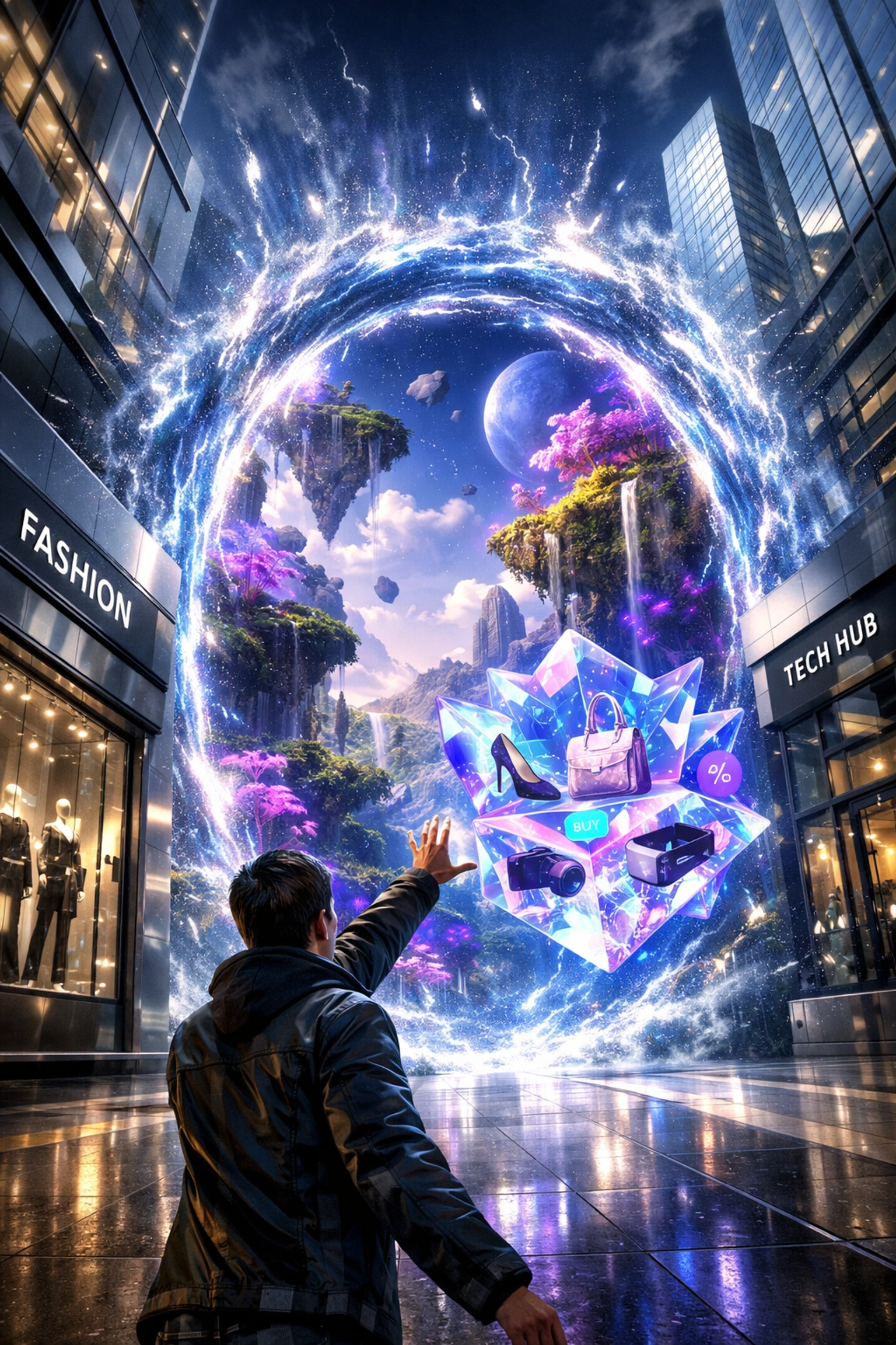 Futuristic portal illustrating metaverse shopping and Web3 commerce integration for global enterprise scaling.