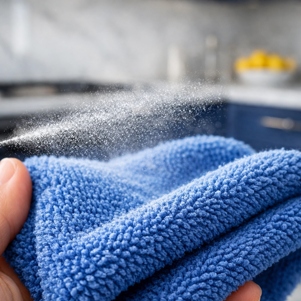 Microfiber cloth being sprayed to prevent residue during house cleaning Cambridge MA.