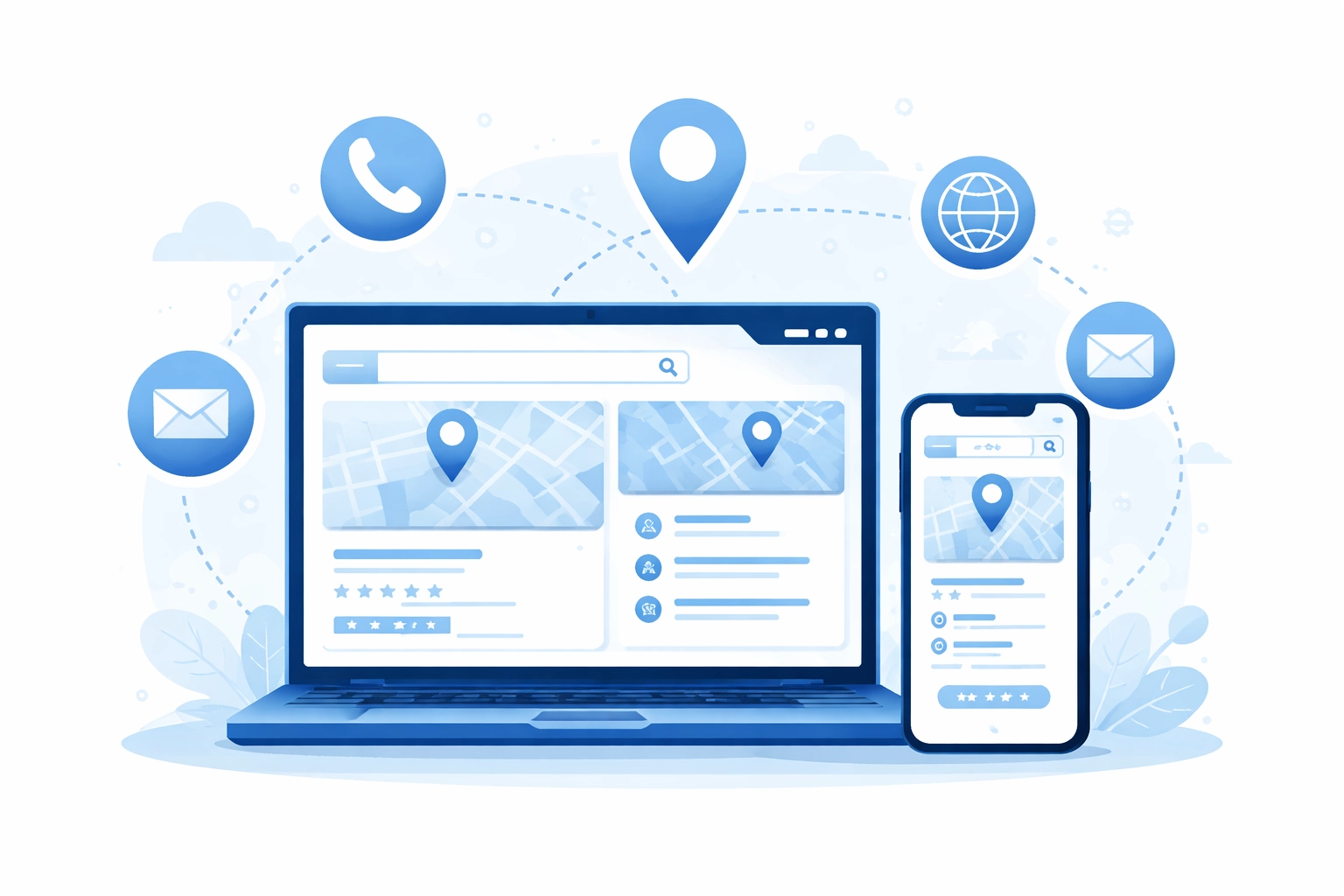 Laptop and mobile device syncing business details to show the need for consistent website and Google Business info
