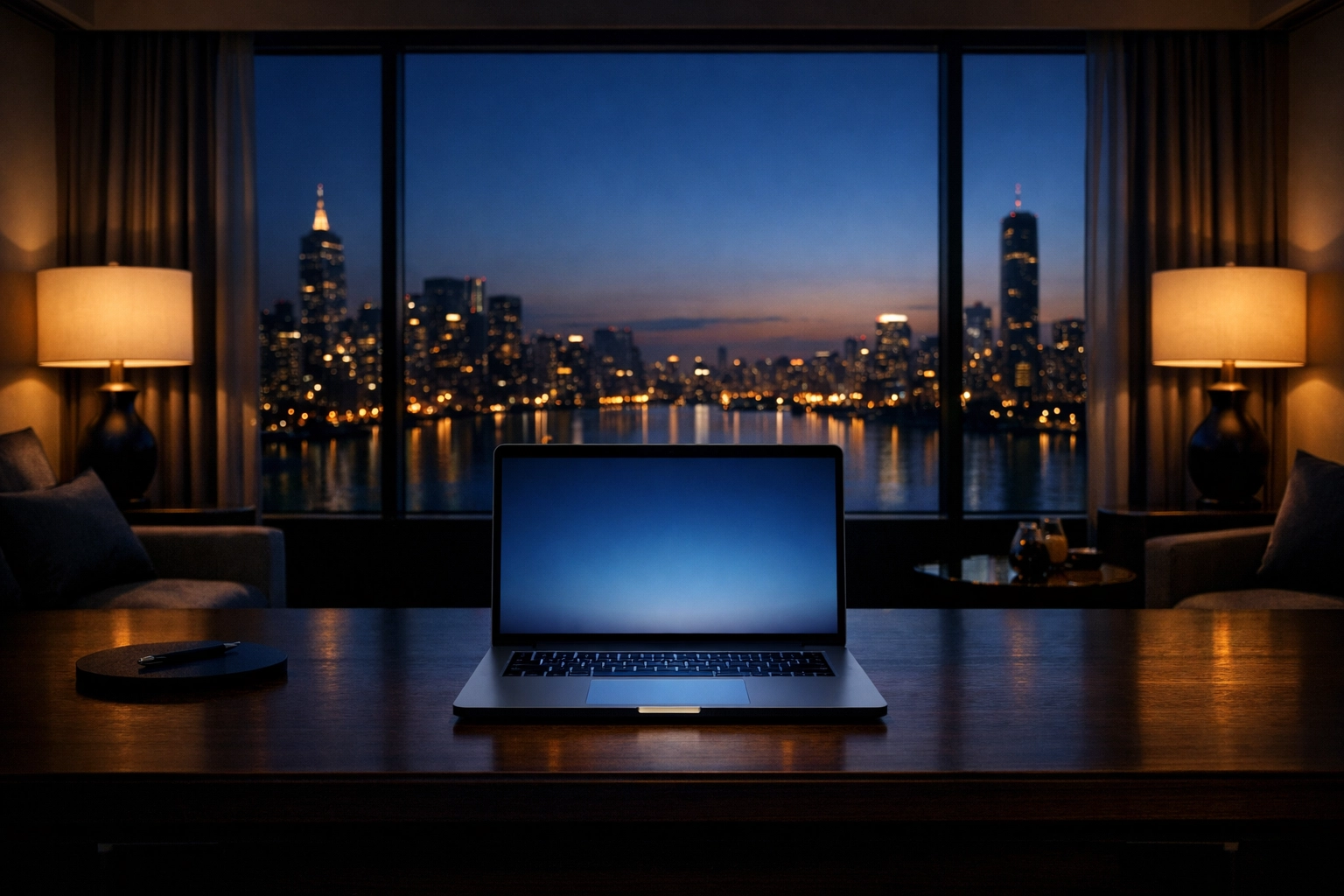 Laptop in a luxury hotel suite used to manage room distribution via an automated channel manager.