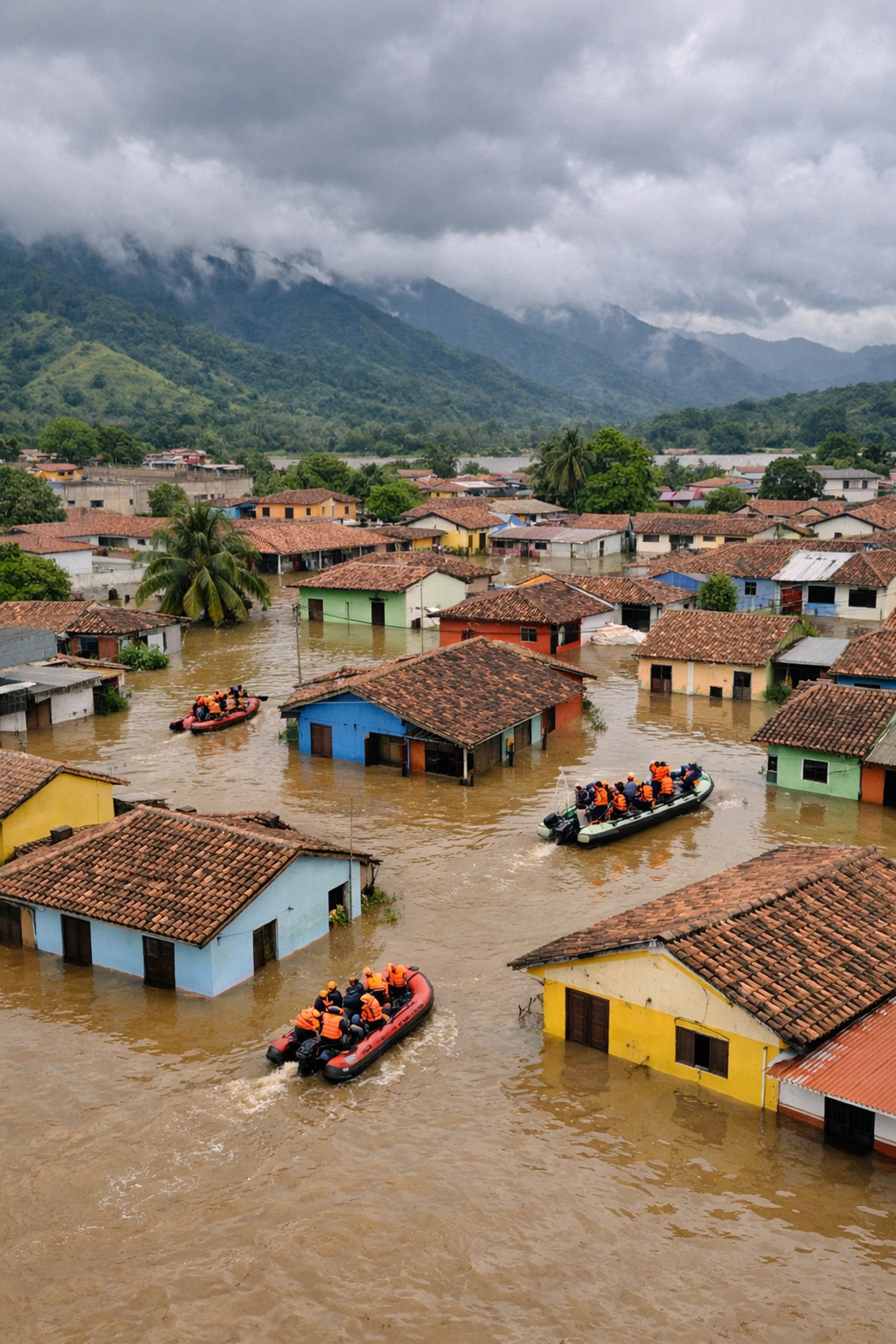 Flooded Colombian village with submerged houses and rescue boats from above