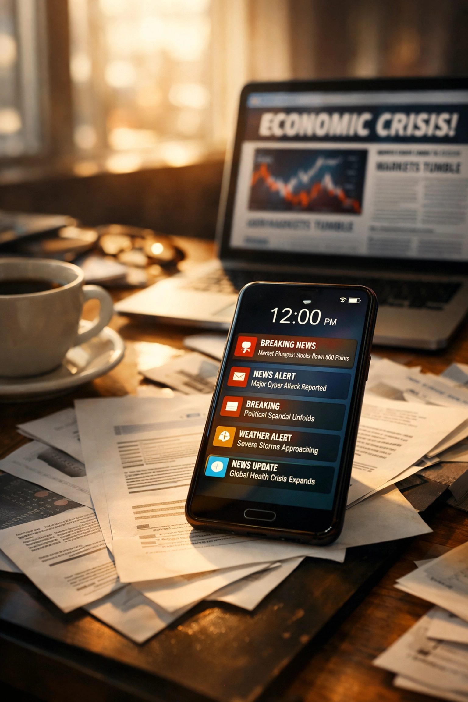 Desk cluttered with news notifications and alerts at noon showing information overload