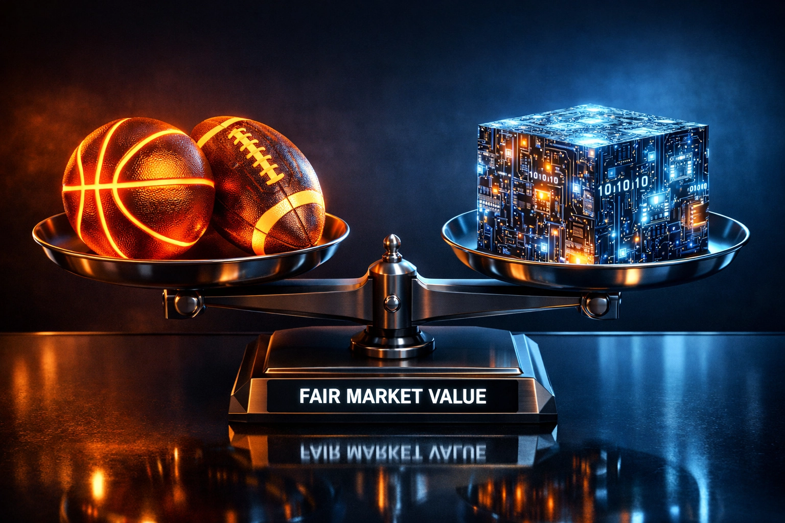 Digital scale balancing a basketball and football against data for PVI sports betting value.