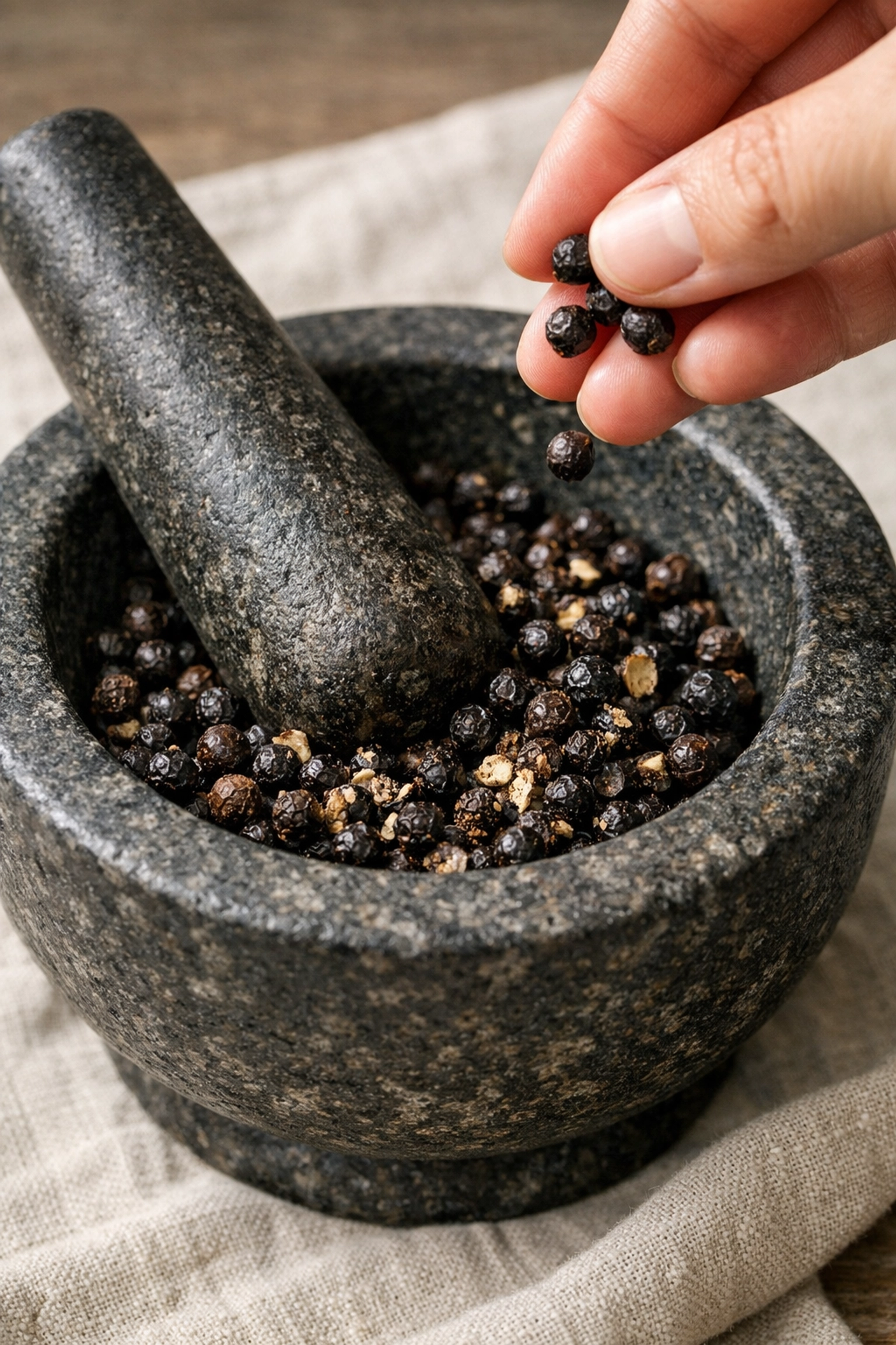 Fresh Tellicherry black peppercorns in a stone mortar and pestle, showcasing the purity of whole spices bought online.
