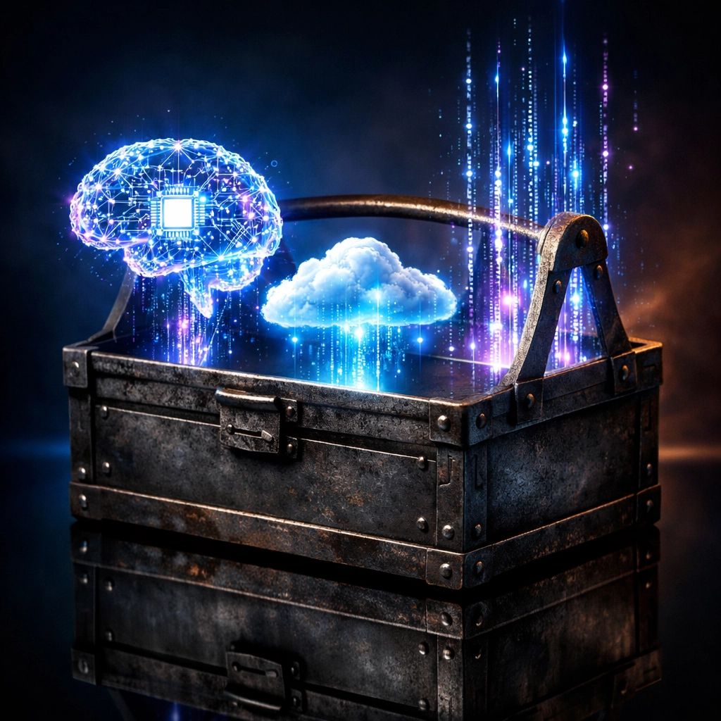 Digitaler Werkzeugkasten mit KI-Symbolen für effizientes Arbeiten im Mittelstand.