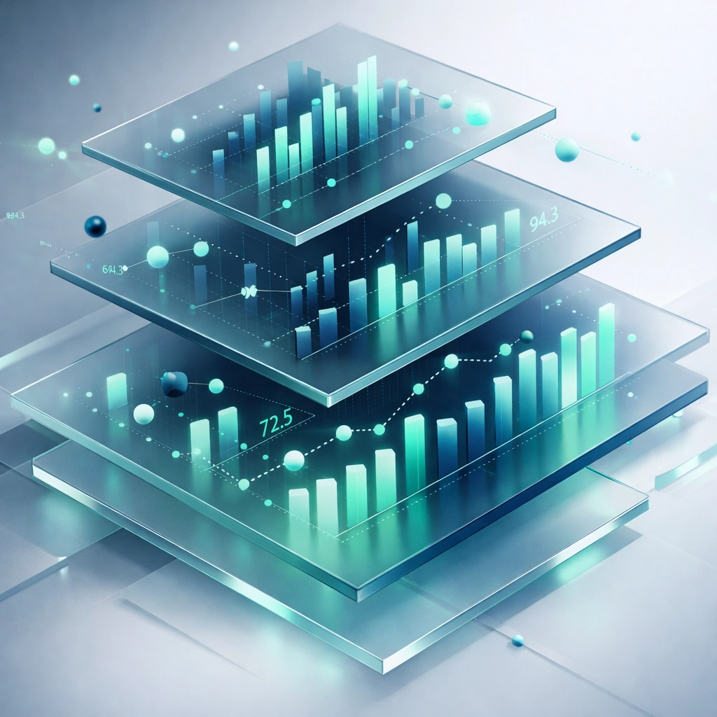 Abstract data visualization showing performance metrics and business benchmarks for AI automation ROI.