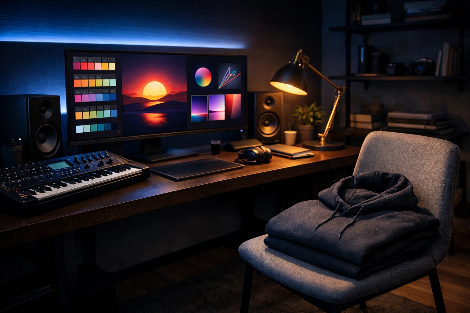 Professional music studio workspace showing a consistent visual identity for independent artists.