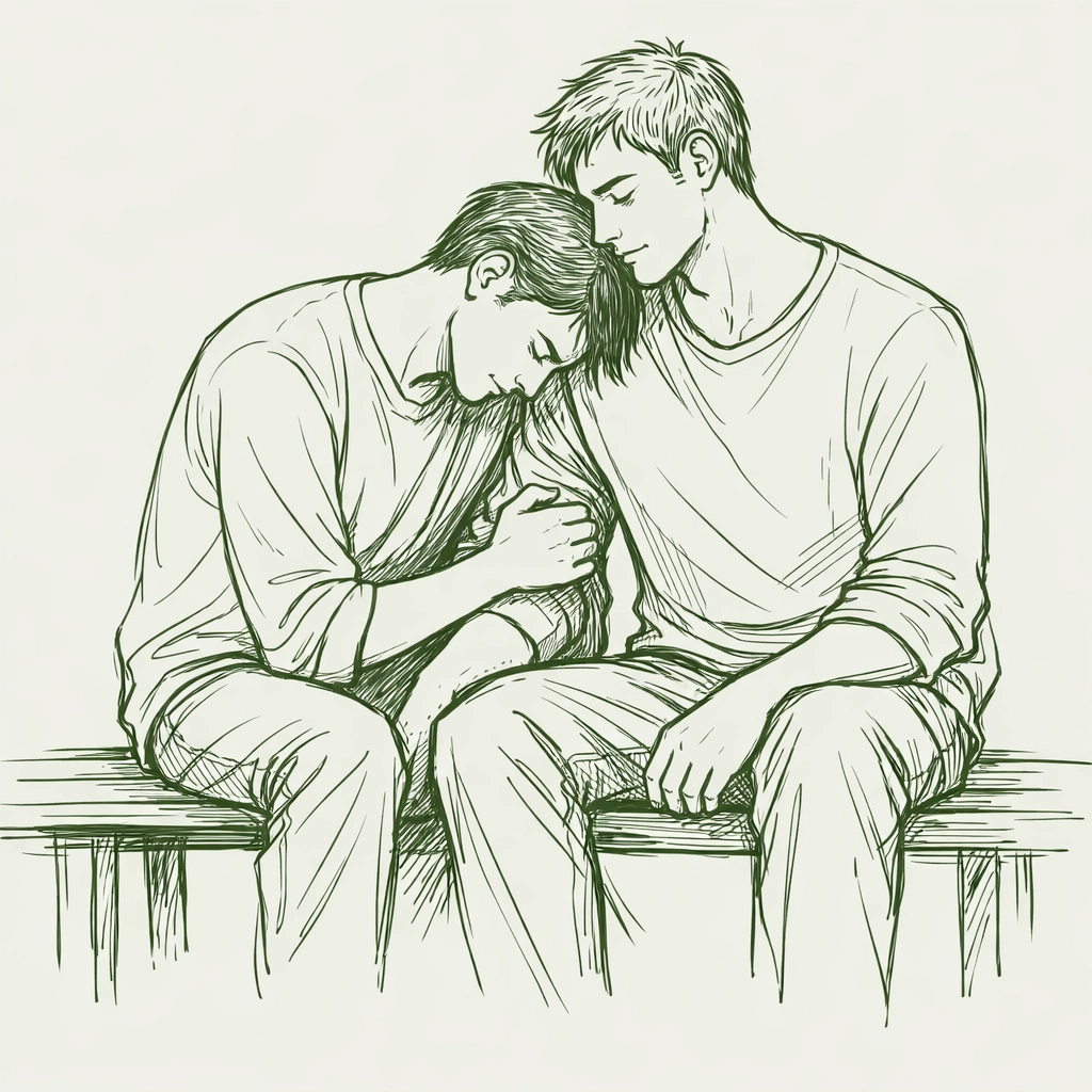 Heartfelt MM fiction illustration of two men finding sanctuary and comfort during a confession.