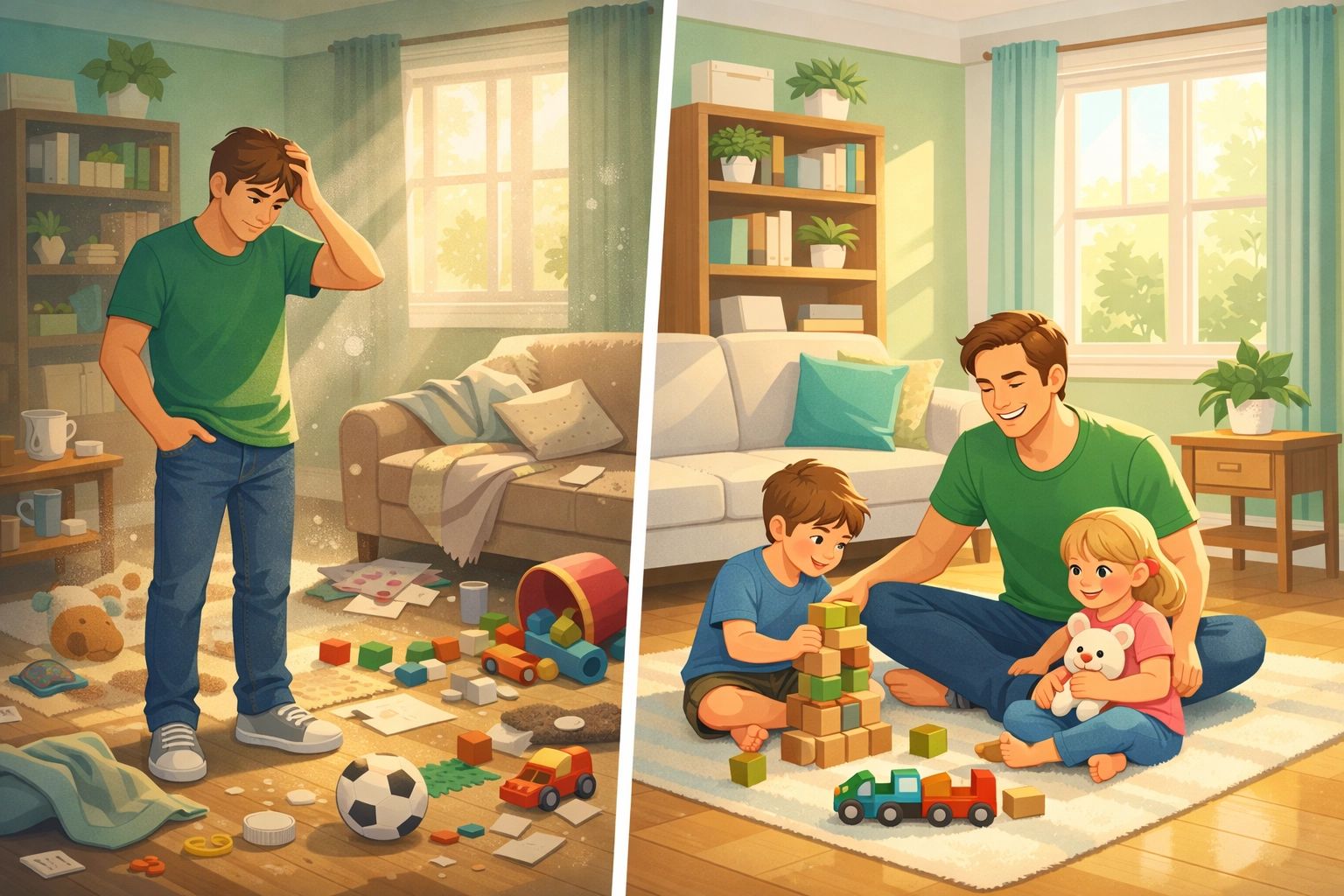 Busy Blacksburg parent choosing between DIY cleaning chores and quality family time in clean home