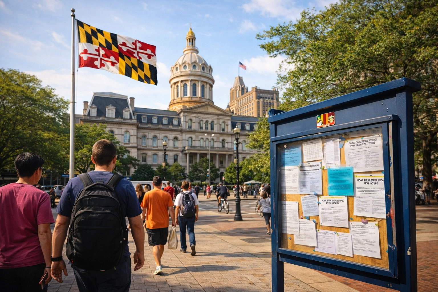 Baltimore City Hall area with everyday civic life and Maryland identity