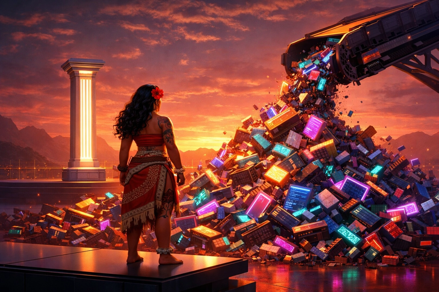 Polynesian woman comparing a mountain of digital AI junk to a single pillar of clean software architecture.