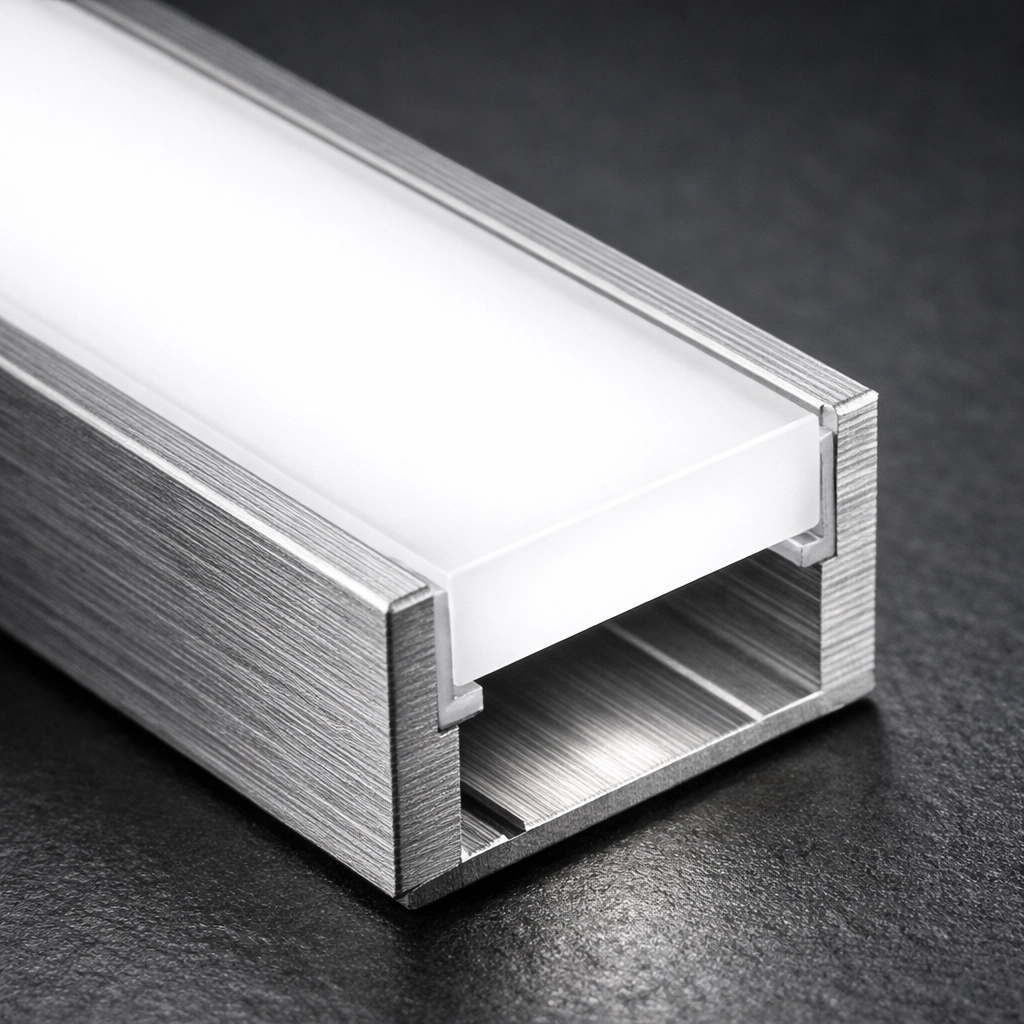 Close-up of a premium Canadian-made aluminum LED channel and frosted diffuser for custom linear lighting.
