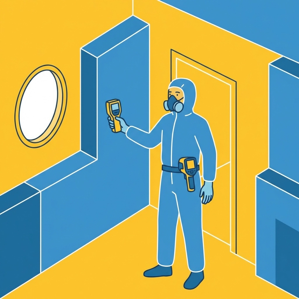 Professional inspector in safety gear conducting mold inspection with specialized equipment