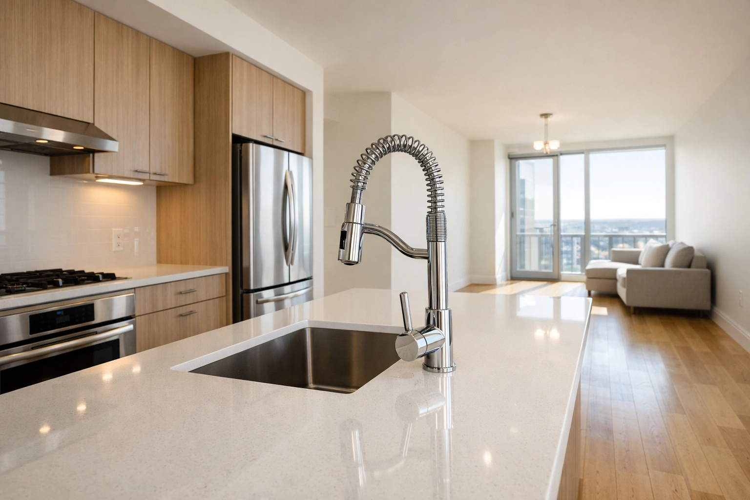 Clean, move-in ready apartment kitchen with white quartz countertops after a professional turnover.