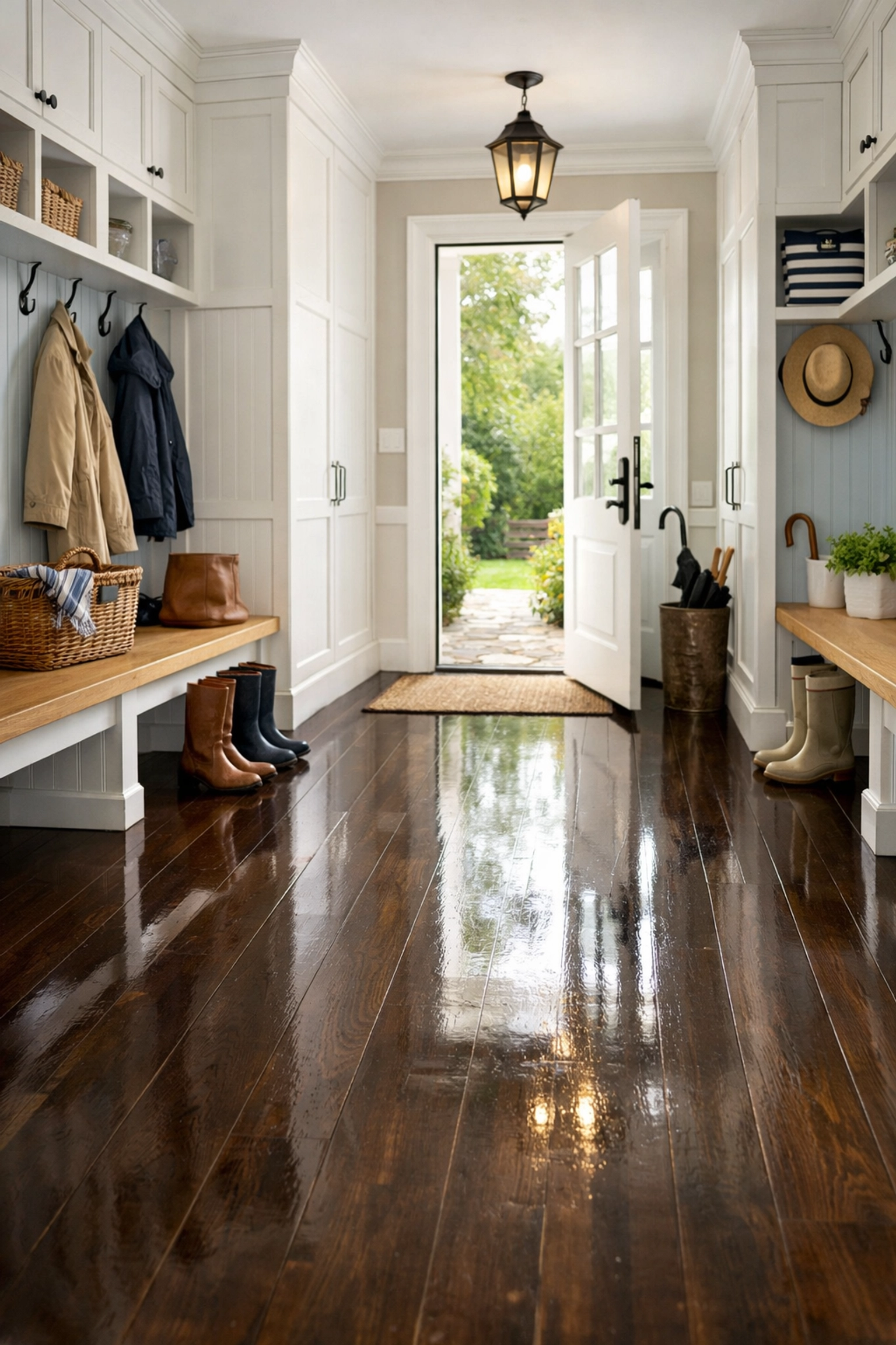 Impeccably clean mudroom with polished hardwood floors in a Shrewsbury residential home.