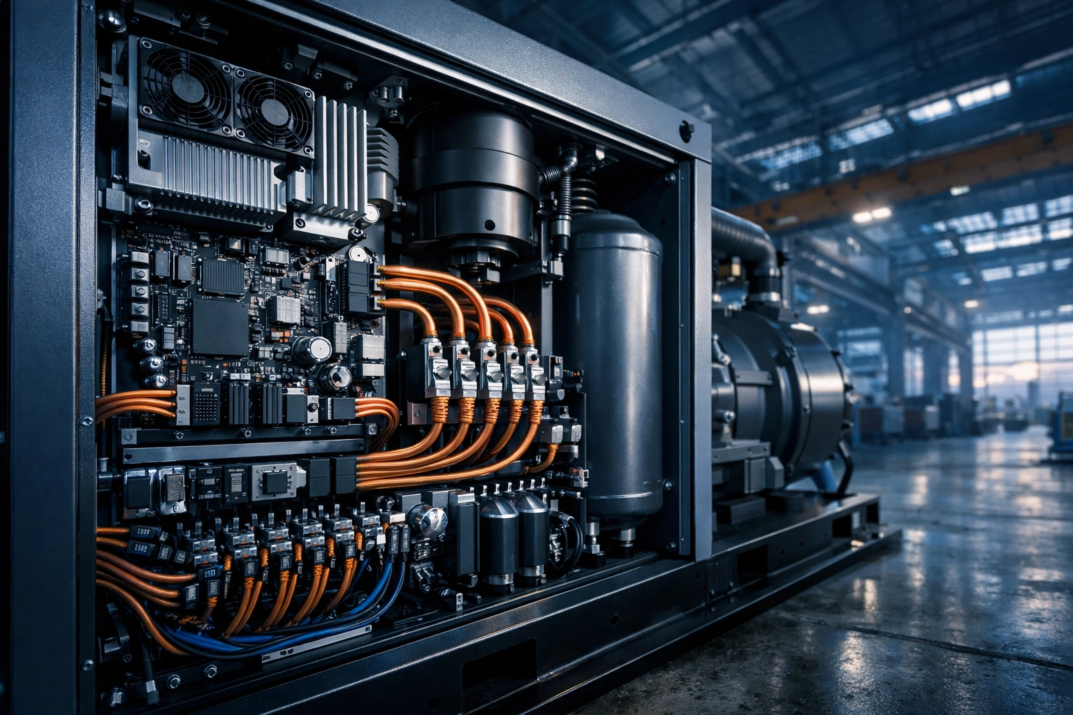 Industrial PMV screw air compressor frequency inverter system designed for high energy efficiency and grid stability.