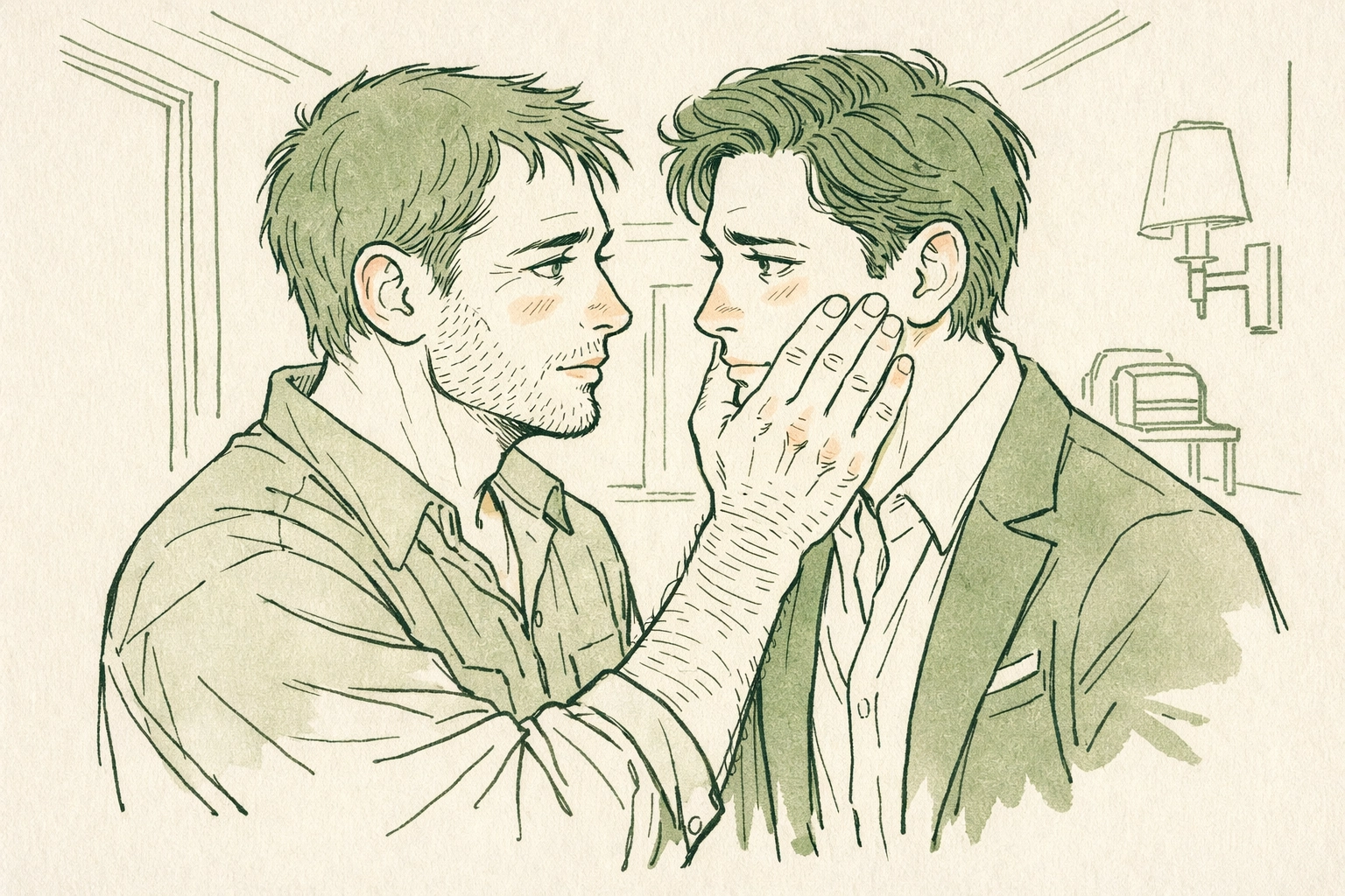 Two men in emotional embrace showing vulnerability and connection in gay contemporary romance