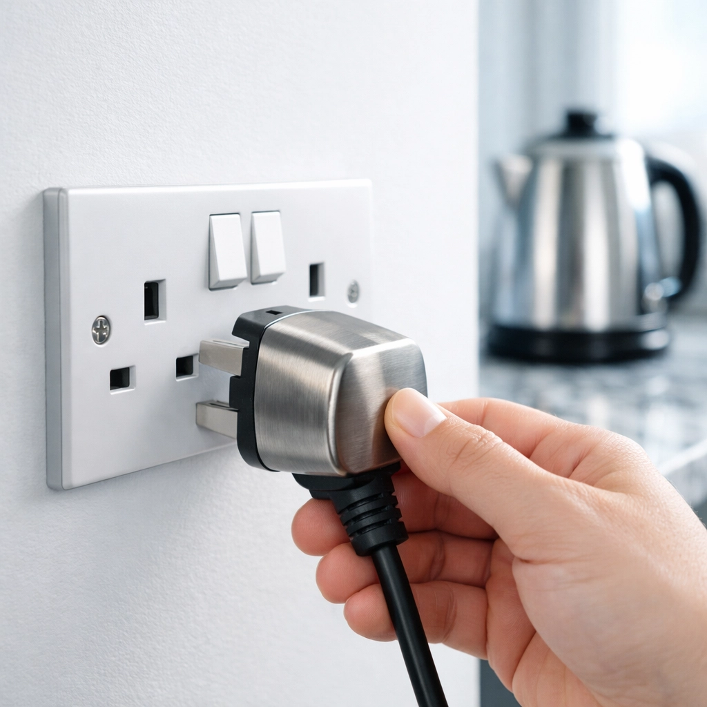 Secure electrical plug in a modern Poole kitchen wall outlet for domestic safety.