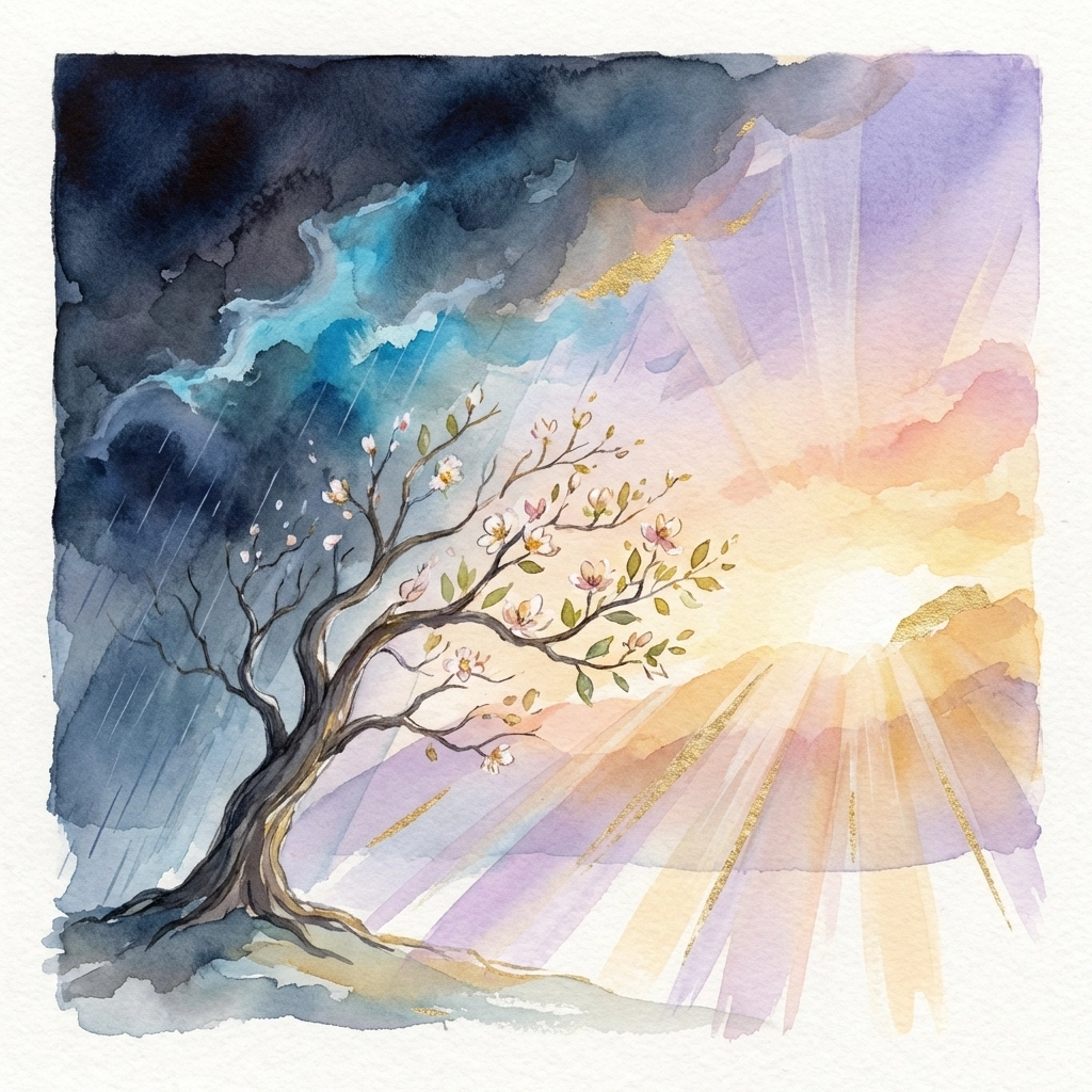 Painterly scene of a dark sky transforming into sunrise, representing redemption and hope in Lilo and Stitch.