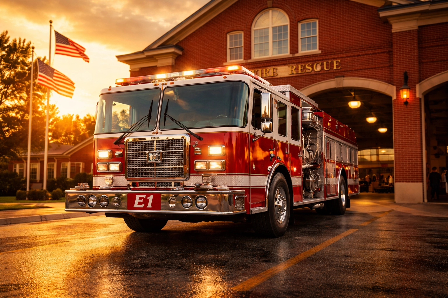 Red fire truck at a Summerville fire station with American flags, highlighting community emergency preparedness.