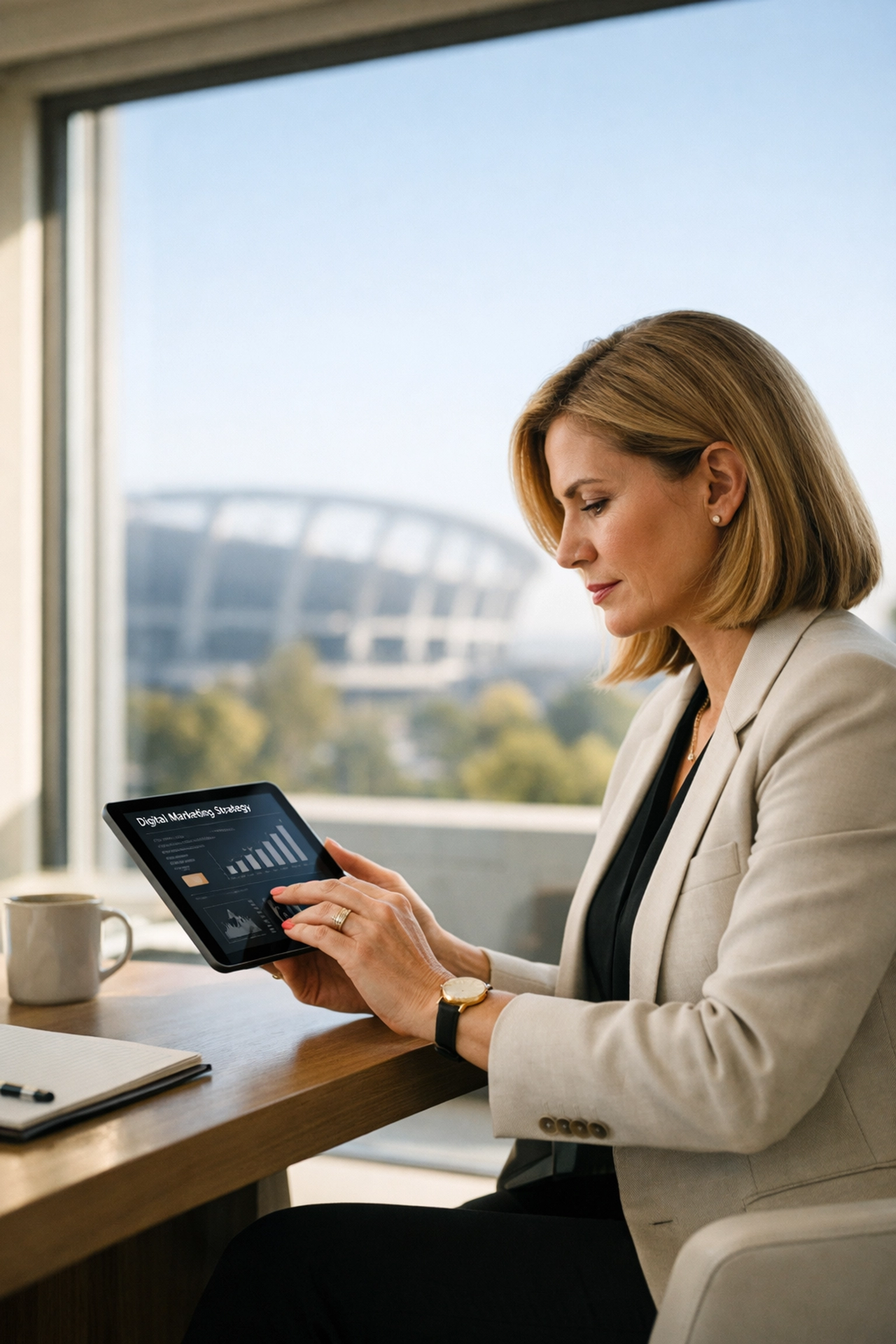 The Proven Super Bowl Corporate Branding Framework: Turn Game Day Into Year-Round Revenue Executive reviewing Super Bowl corporate branding and marketing strategy in a modern office.